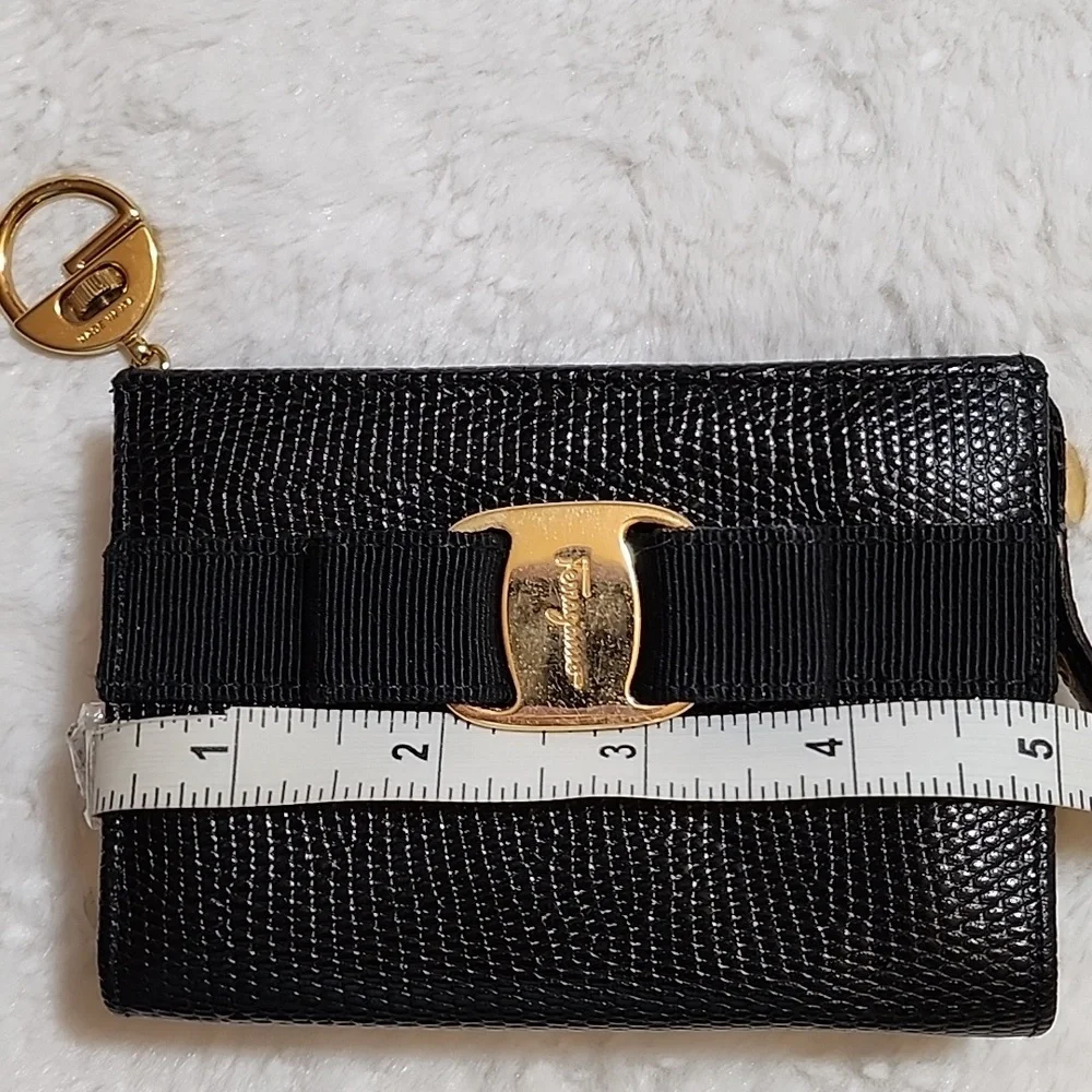 Salvatore Ferragamo Vara bow compact wallet pouch textured lizarard Imbossed